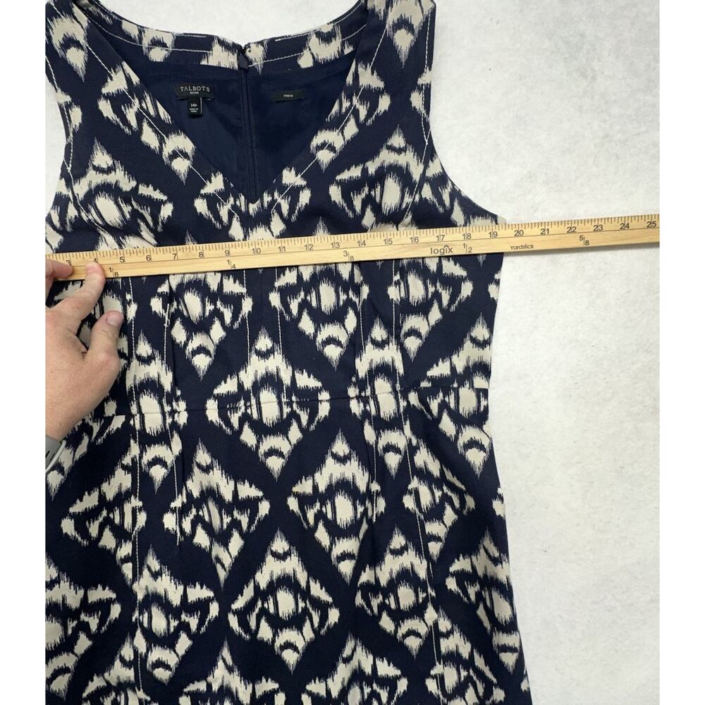 Talbots Womens Dress 14 P Blue Cream Ikat Print Lined Sleeveless Sheath Stretch - Picture 7 of 12